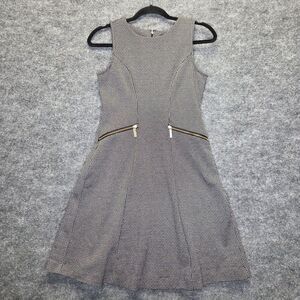 Ann Taylor Factory Dress Womens 0 Black Houndstooth Fit & Flare Knit Zip Pockets